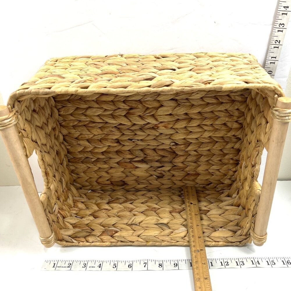 Set Of 4 Handwoven Rectangle Baskets With Wooden Accents Home Storage & Decor - Picture 7 of 13